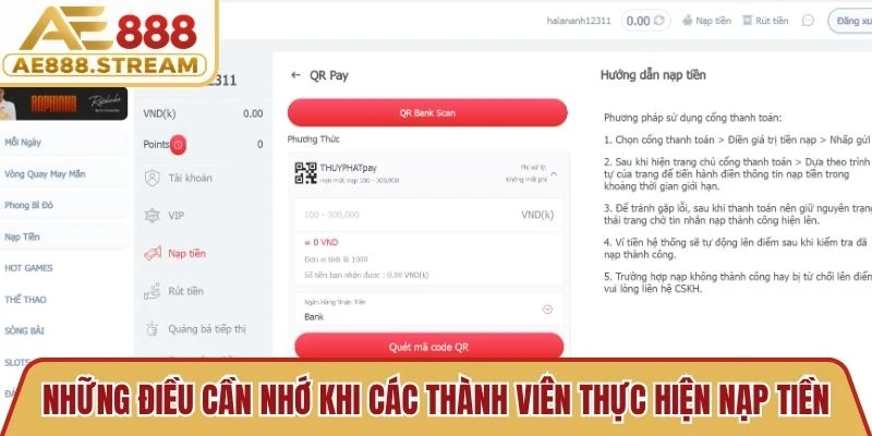 Những điều cần nhớ khi các thành viên thực hiện nạp tiền AE888