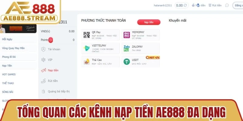 Tổng quan các kênh nạp tiền AE888 đa dạng dành cho nhà cái